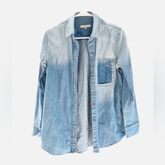 7 For All Mankind Distressed Denim Button Up - Picture 1 of 5
